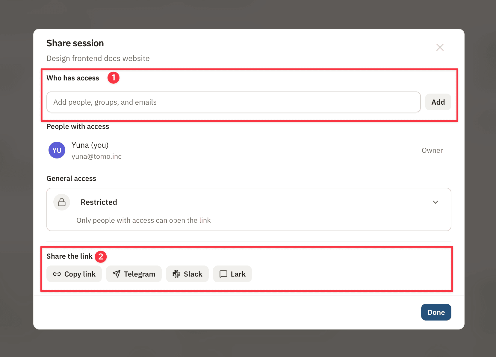 Share dialog for a synced local Agent session