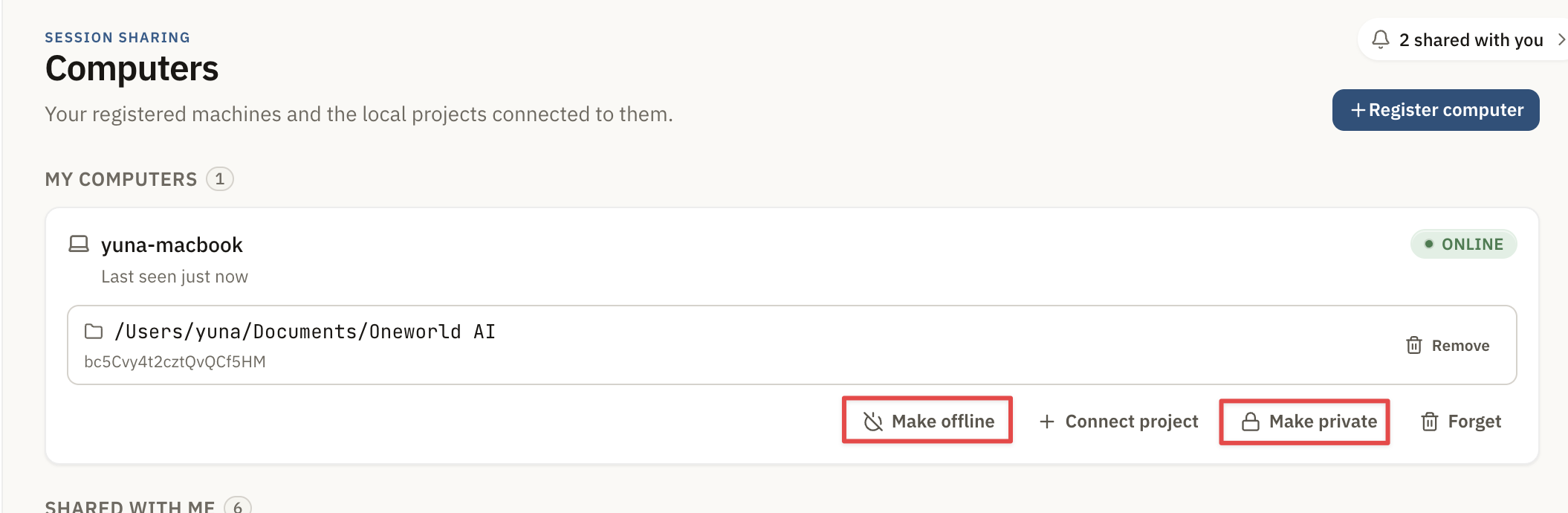 Computer status controls for making a Computer offline or private