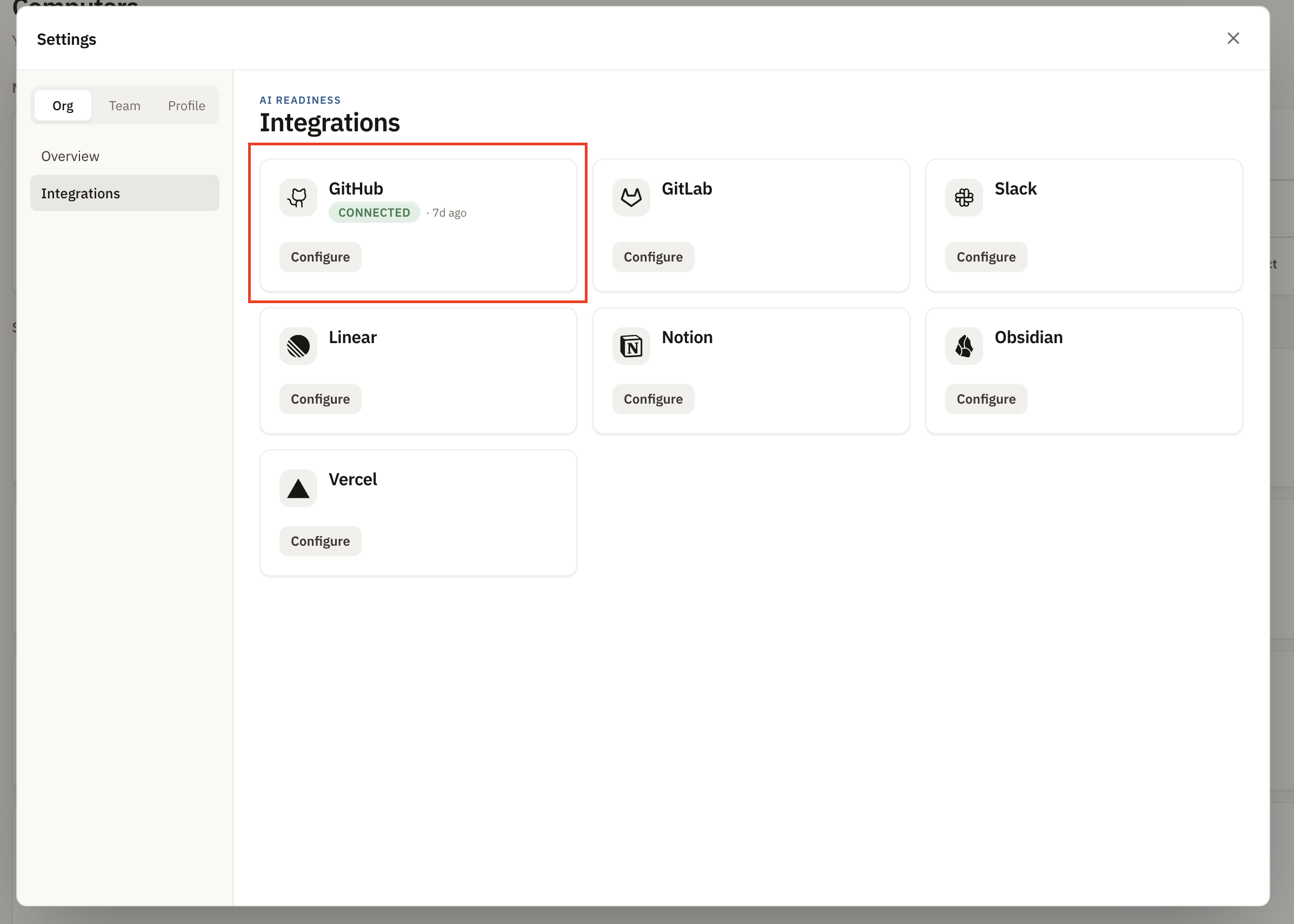 GitHub integration connected in Organization settings