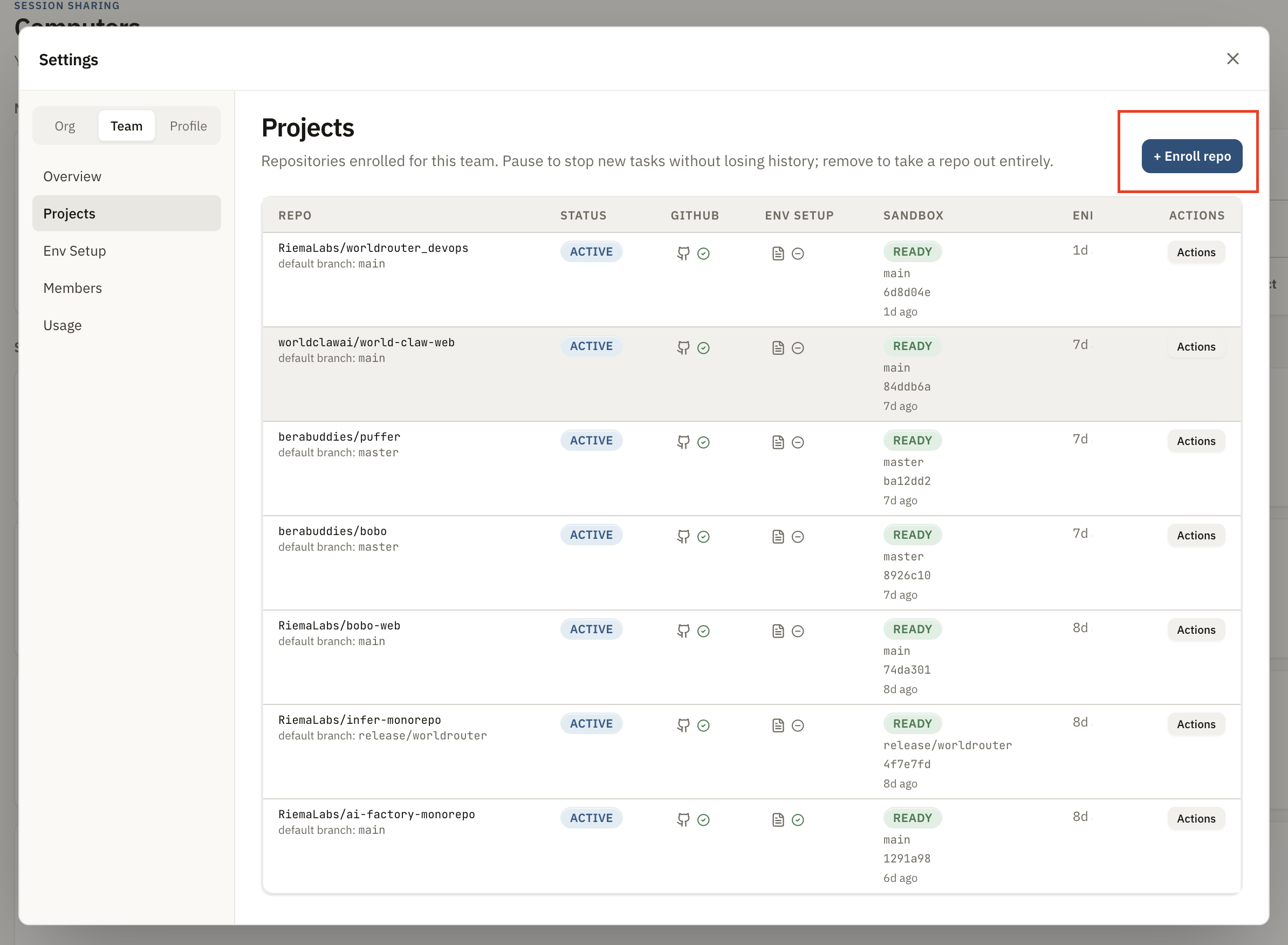 Projects settings page with the Enroll repo button