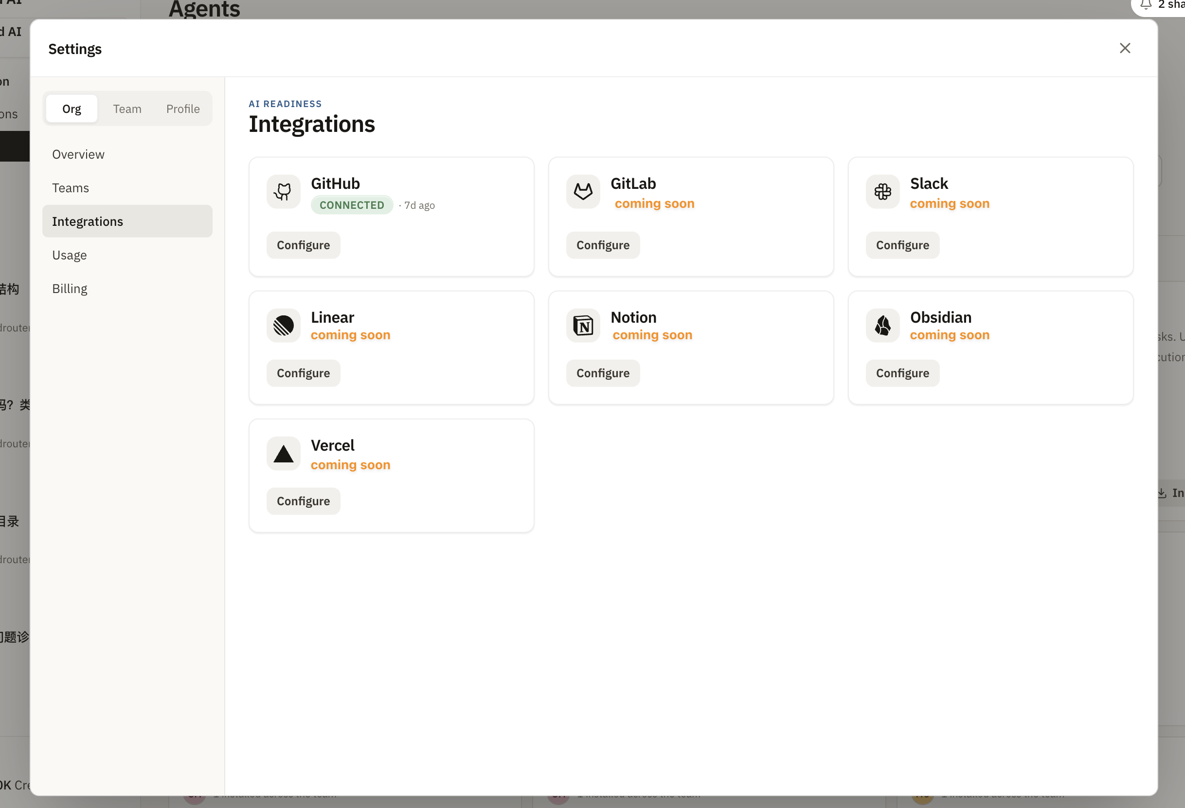 Integrations settings page