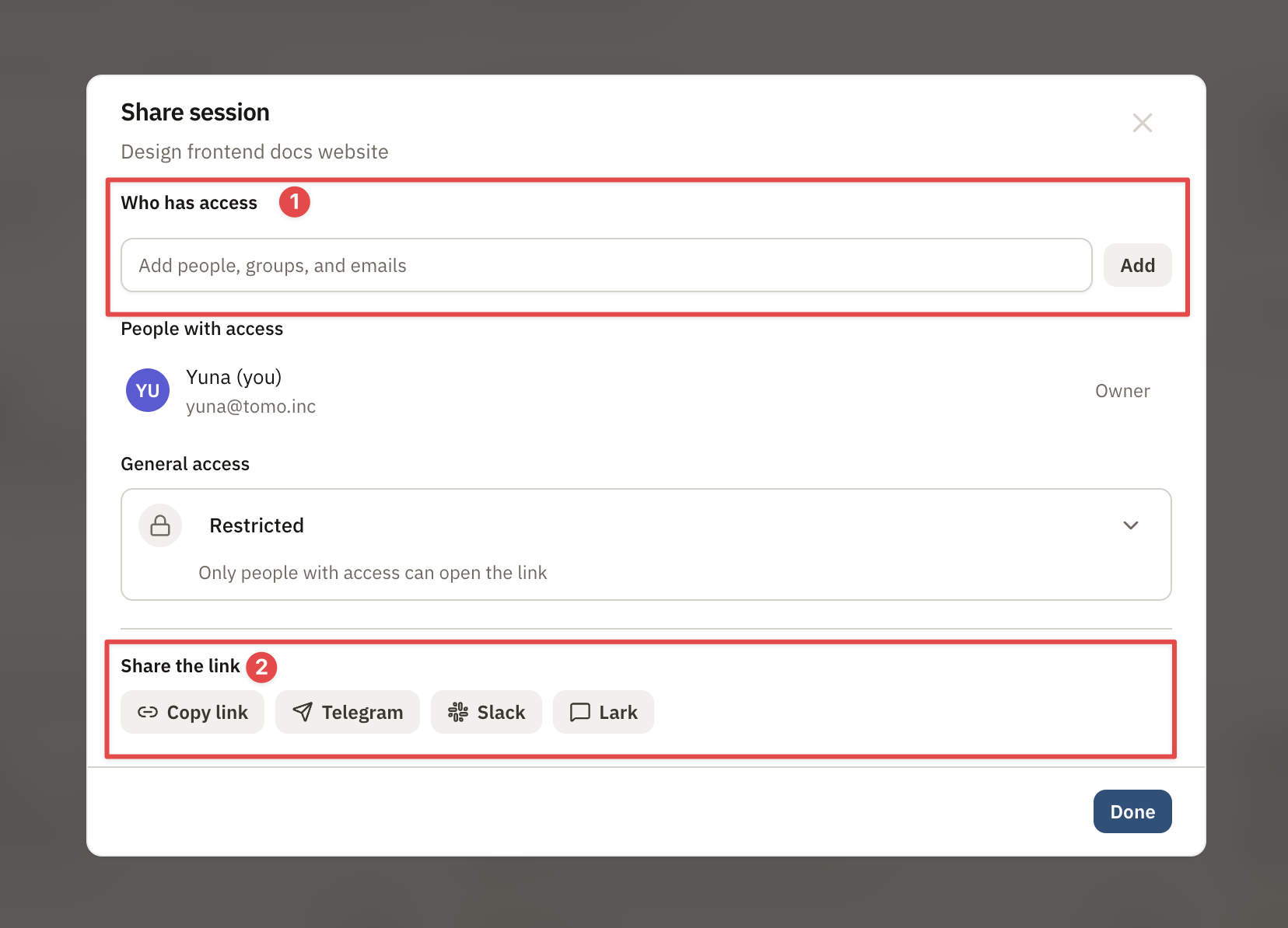 Share dialog for a synced local Agent session