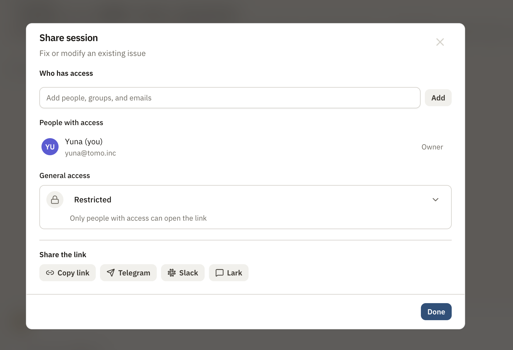 Share session dialog